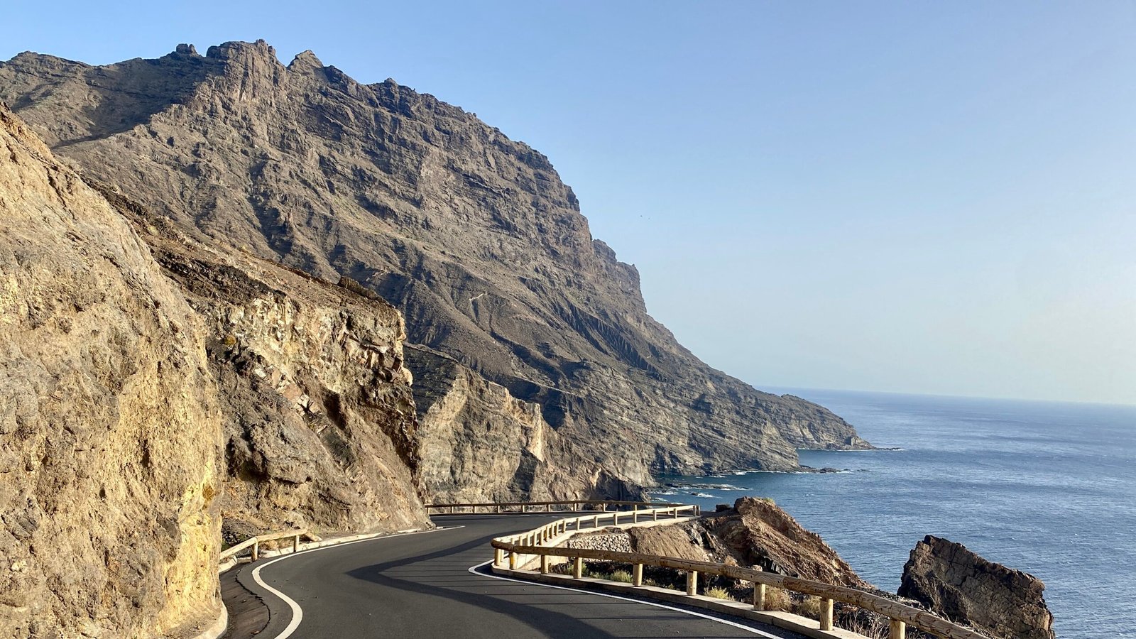 A scenic road curves through mountains by the ocean, with vibrant cacti and vineyards visible under a clear sky.