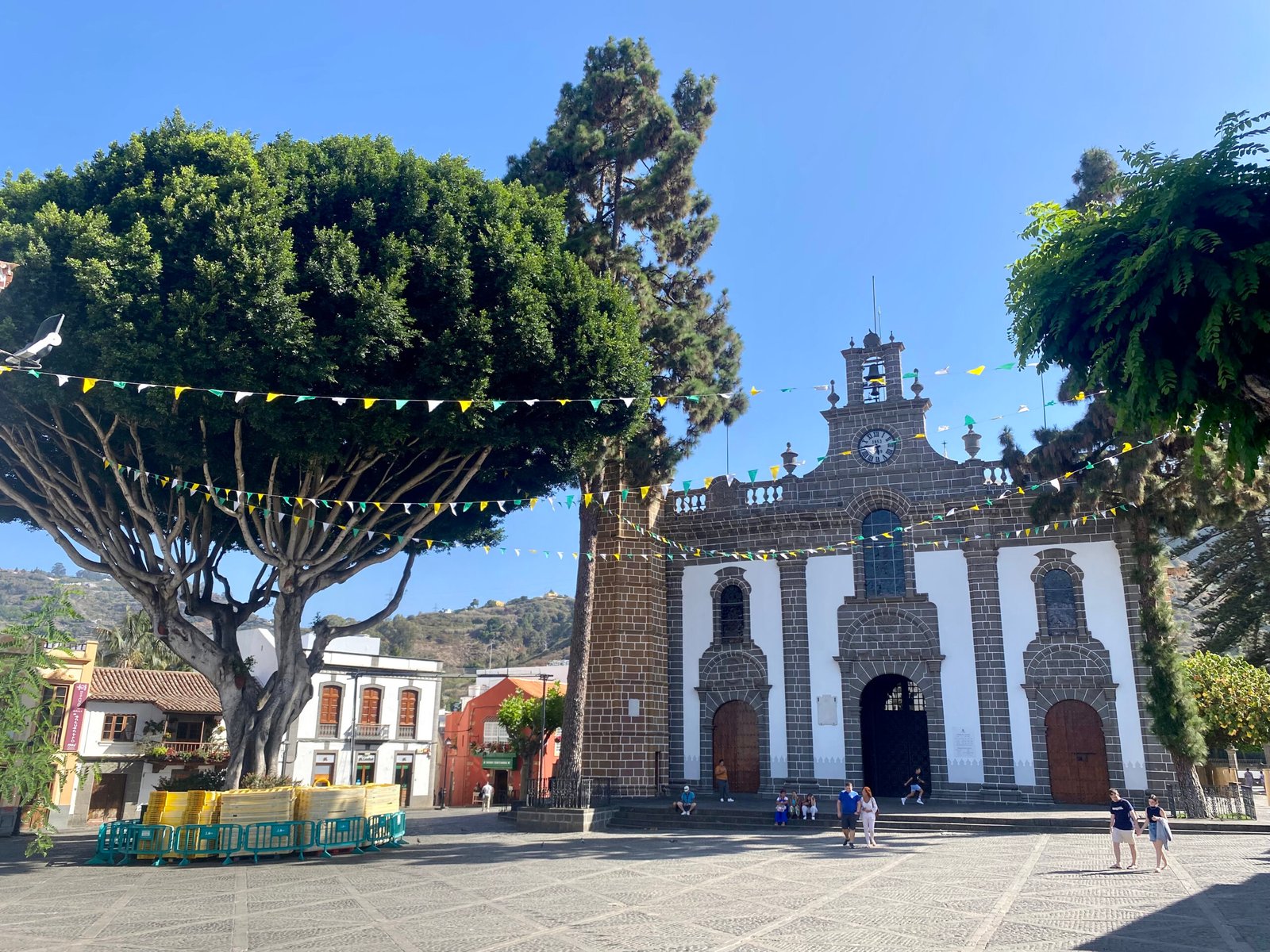 A church and tree in the square, with a vibrant cactus field and mountains in the background beneath a clear sky.